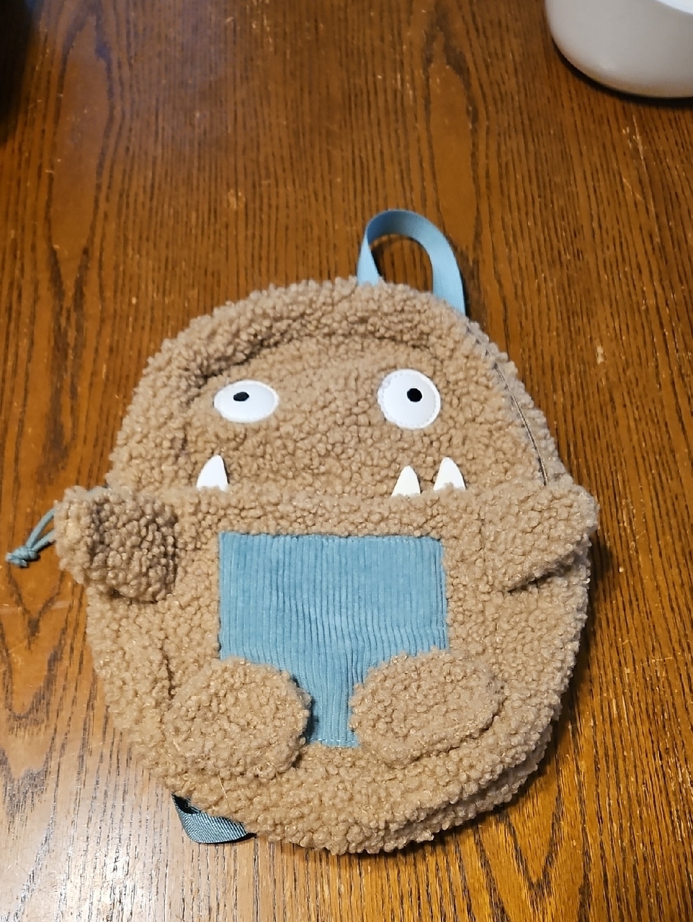 Kids Fuzzy Monster Backpack - Tan with Green/Blue Pocket and Straps